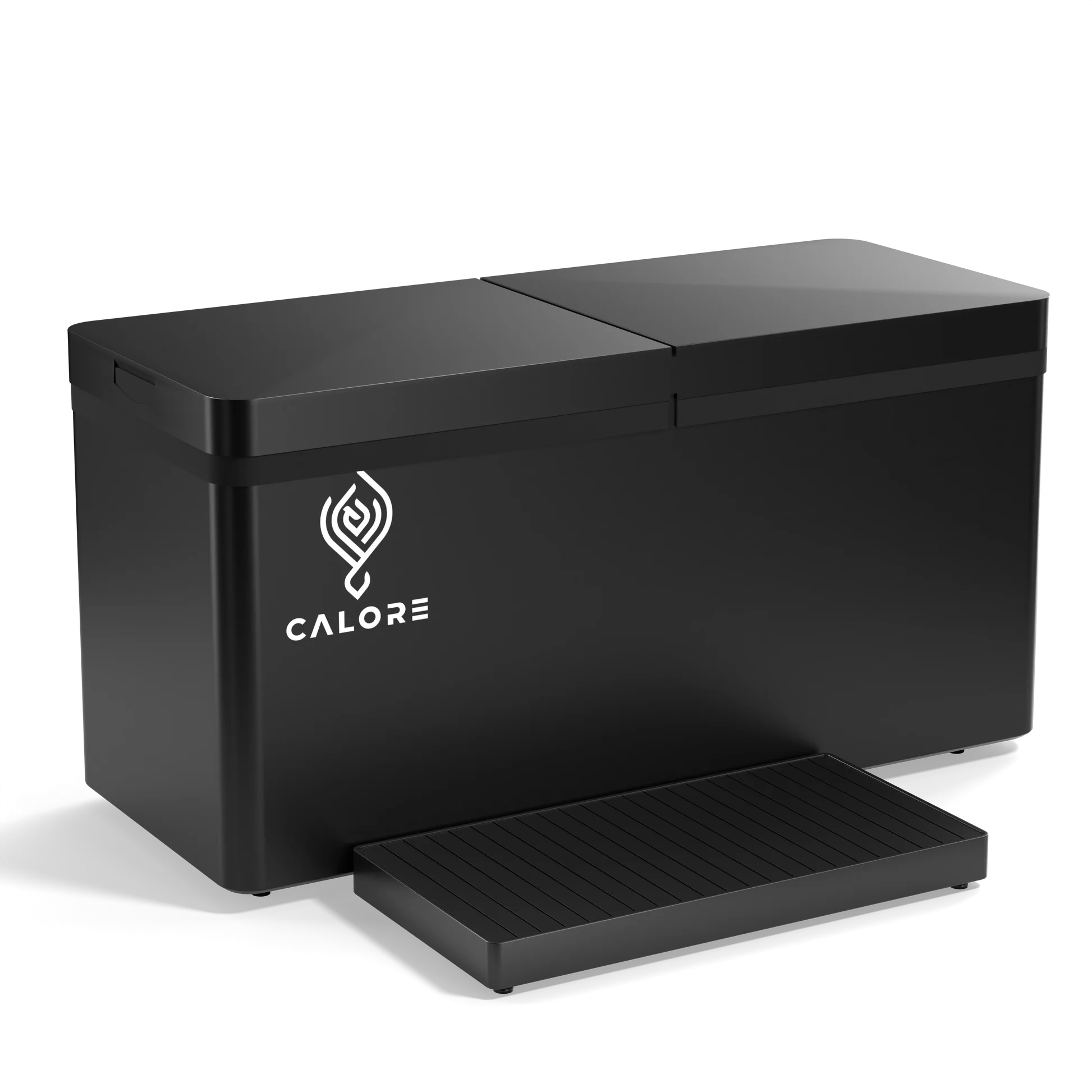 A black cooler with the calore logo on it.