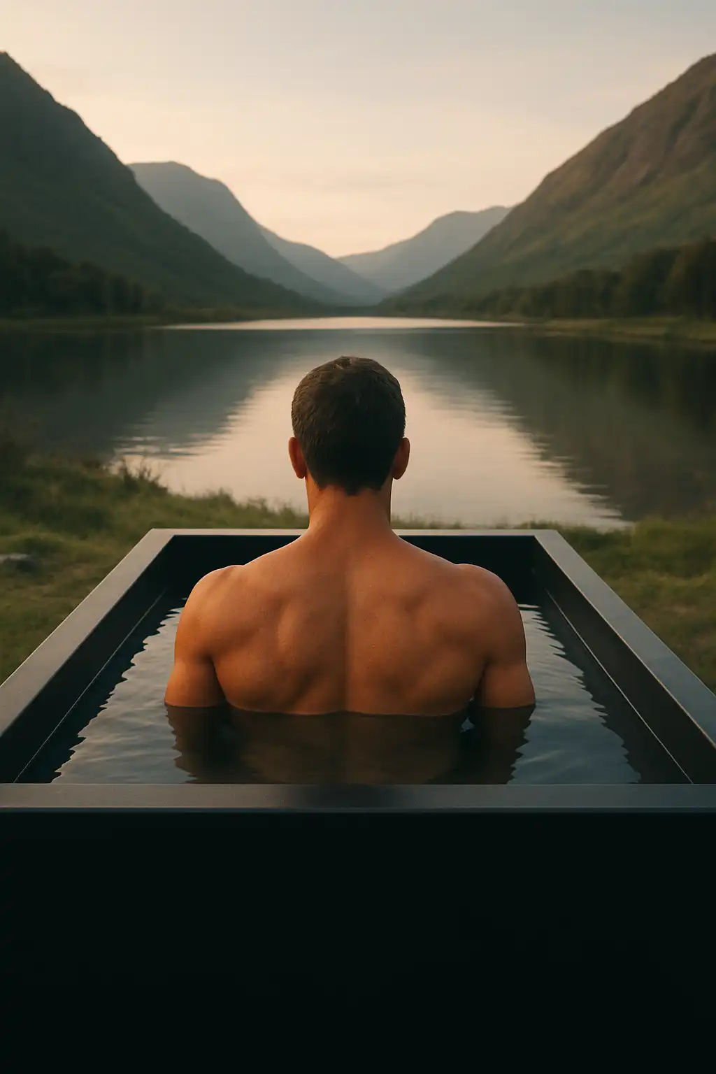 A man sitting in a hot tub looking out at a lake.